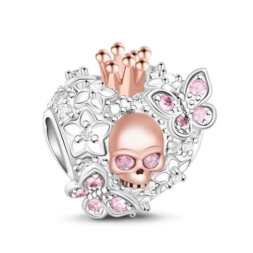 Zircon Skull and Butterfly Heart Charm 925 sterling silver